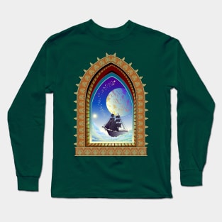 Futuristic sailboat flying between the clouds Long Sleeve T-Shirt